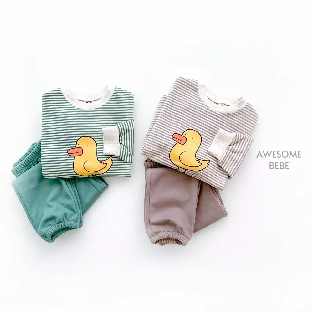 Awesome Bebe - Korean Children Fashion - #stylishchildhood - Duck Stripes Top Bottom Set - 4