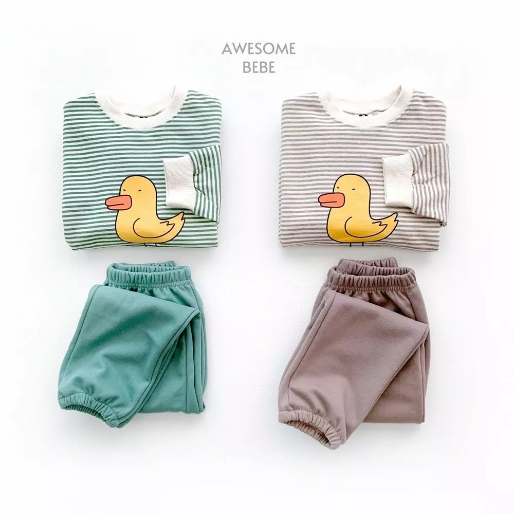 Awesome Bebe - Korean Children Fashion - #todddlerfashion - Duck Stripes Top Bottom Set