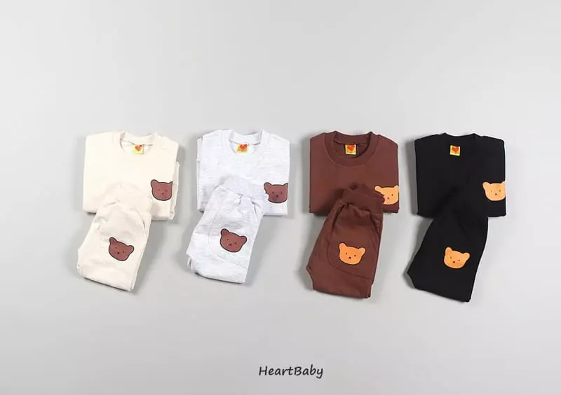 Heart Baby - Korean Children Fashion - #childrensboutique - Bear Face Top Bottom Set - 2