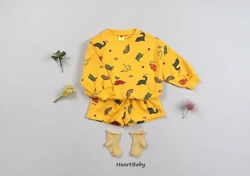 Heart Baby - Korean Children Fashion - #discoveringself - Dino Shorts Top Bottom Set - 7