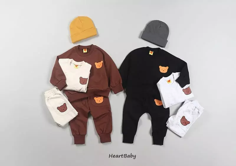 Heart Baby - Korean Children Fashion - #designkidswear - Bear Face Top Bottom Set - 4
