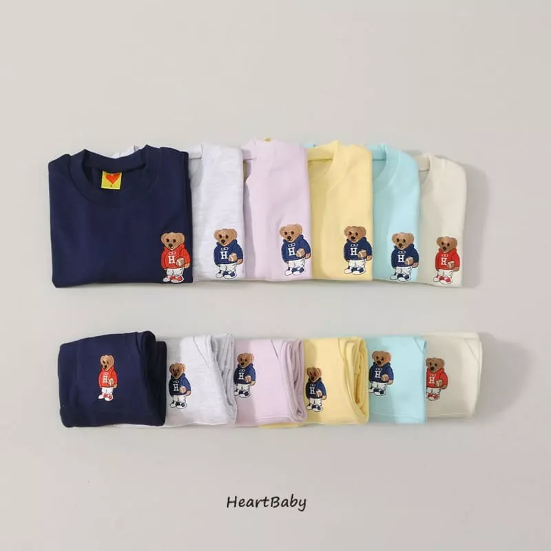 Heart Baby - Korean Children Fashion - #discoveringself - Bear Embroidery Top Bottom Set - 2