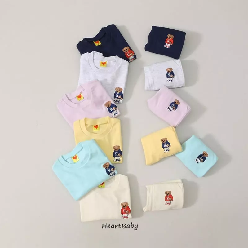 Heart Baby - Korean Children Fashion - #fashionkids - Bear Embroidery Top Bottom Set - 3