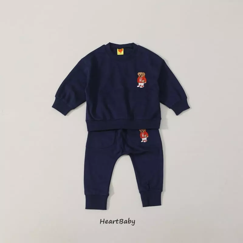 Heart Baby - Korean Children Fashion - #fashionkids - Bear Embroidery Top Bottom Set - 4
