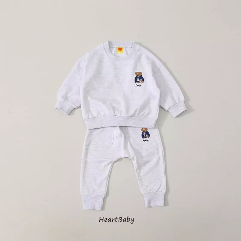 Heart Baby - Korean Children Fashion - #kidsstore - Bear Embroidery Top Bottom Set - 5