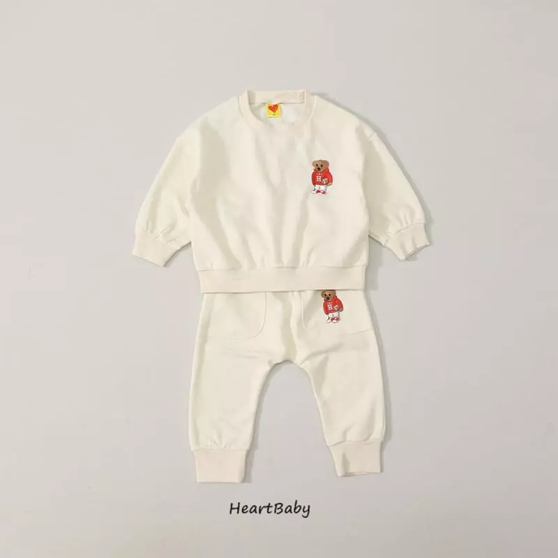 Heart Baby - Korean Children Fashion - #kidzfashiontrend - Bear Embroidery Top Bottom Set - 6