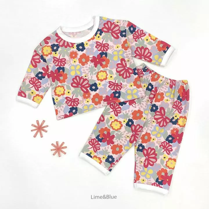 Lime & Blue - Korean Children Fashion - #kidsstore - Esnic Flower Top Bottom Set - 8