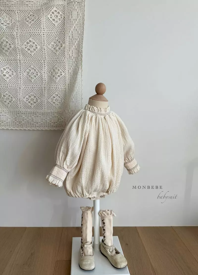 Monbebe - Korean Baby Fashion - #babyoninstagram - Beeb Cream Smocked Bodysuit - 2
