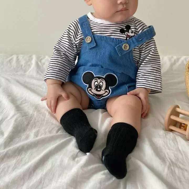 Moran - Korean Baby Fashion - #smilingbaby - Mickey Denim Dungarees Bodysuit - 8