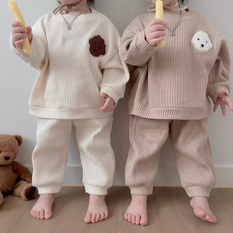 Moran - Korean Children Fashion - #littlefashionista - Waffle Puppy Top Bottom Set - 10