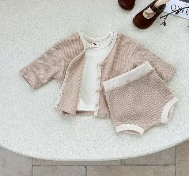 Mos Bebe - Korean Baby Fashion - #babygirlfashion - Bebe May Waffle Cardigan Set - 10