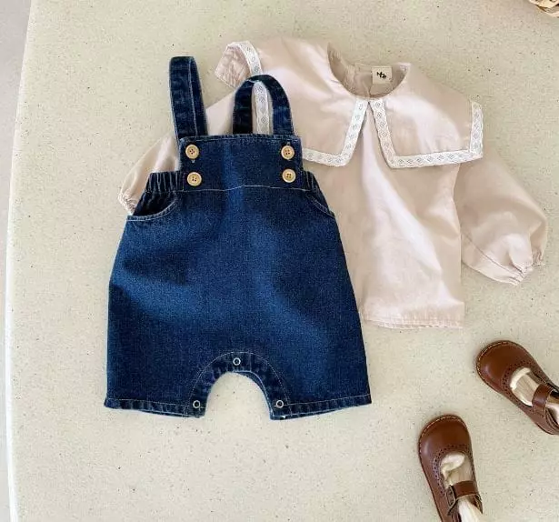 Mos Bebe - Korean Baby Fashion - #babyoutfit - Denim Button Dungarees - 4