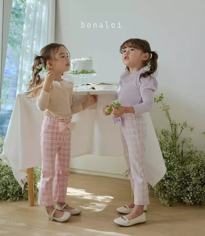 Bonaloi - Korean Children Fashion - #fashionkids - Check Ribbon Pants - 4