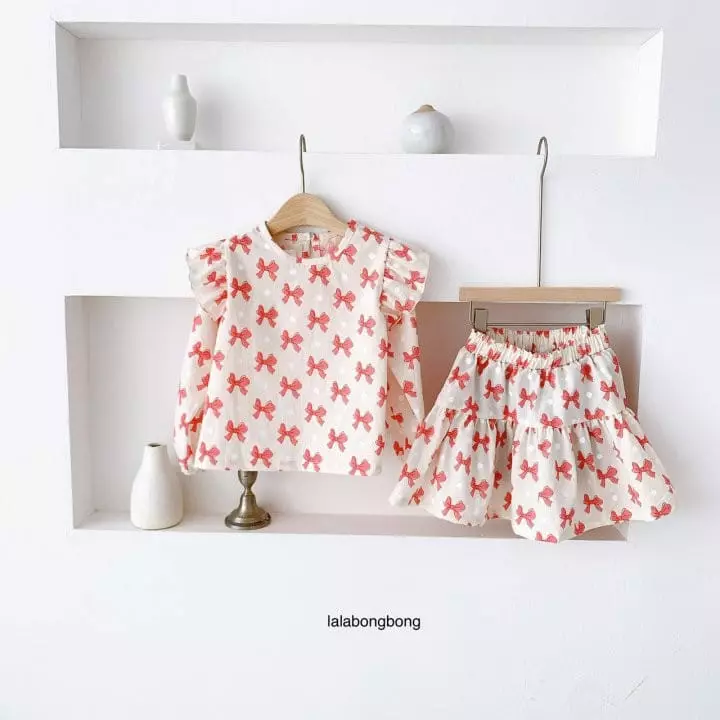 Lalabongbong - Korean Children Fashion - #kidsshorts - Ribbon Top Bottom Set - 3