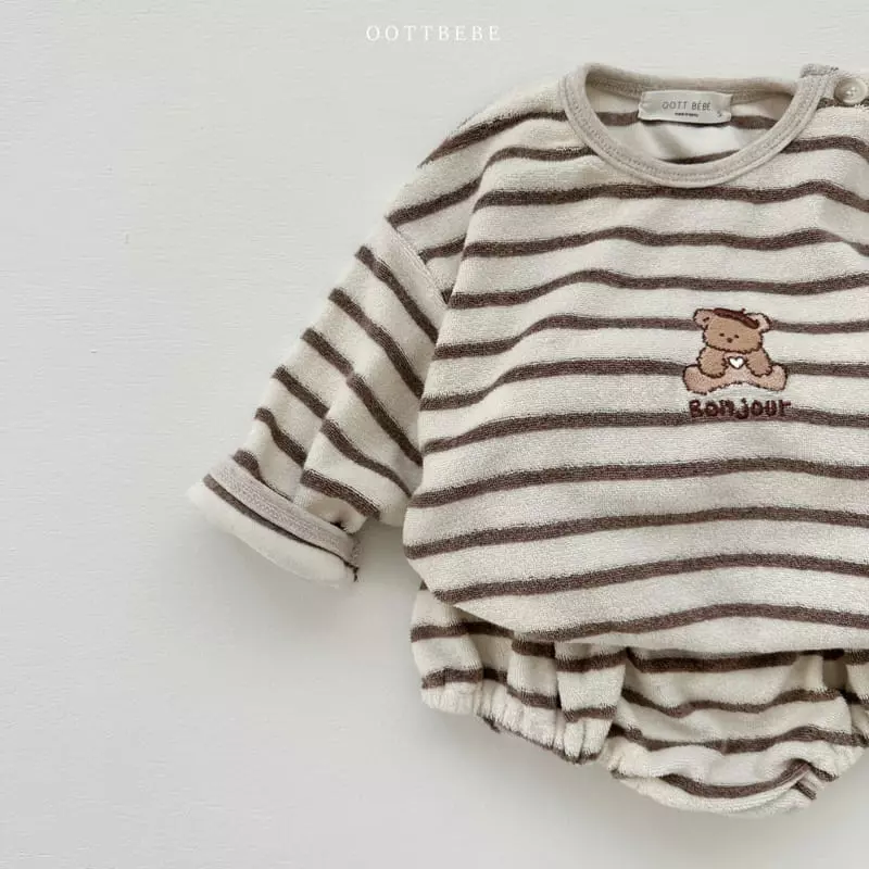 Oott Bebe - Korean Baby Fashion - #babyfever - Terry Stripes Top Bottom Set - 3