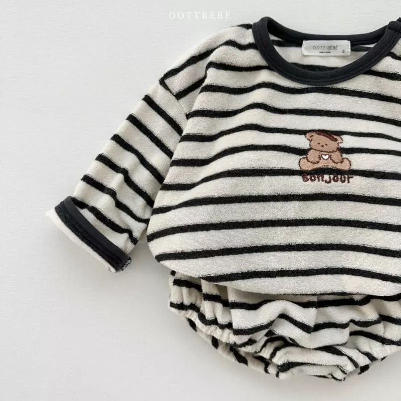 Oott Bebe - Korean Baby Fashion - #babyfever - Terry Stripes Top Bottom Set - 4