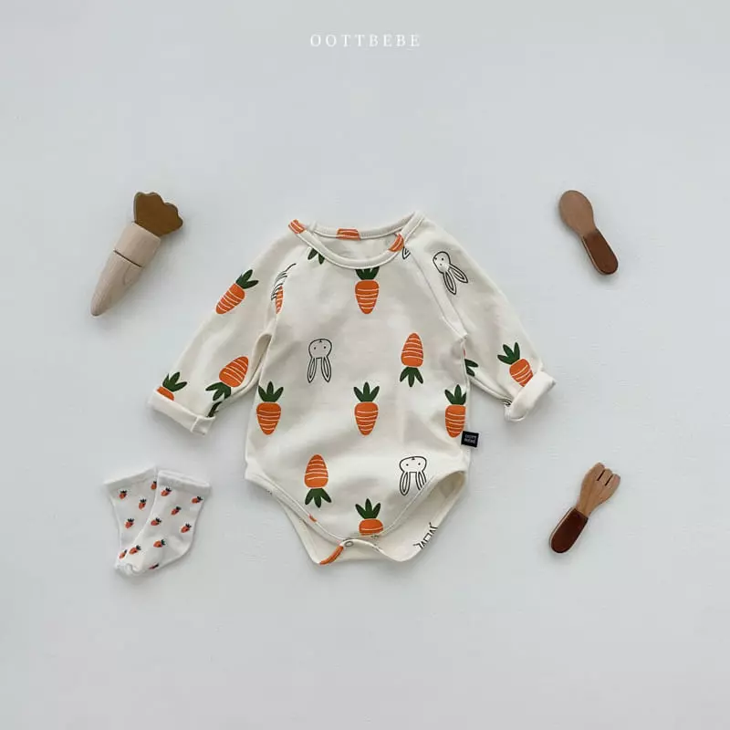 Oott Bebe - Korean Baby Fashion - #babylifestyle - Vegetable Bodysuit with Bonnet Log Sleeves - 9