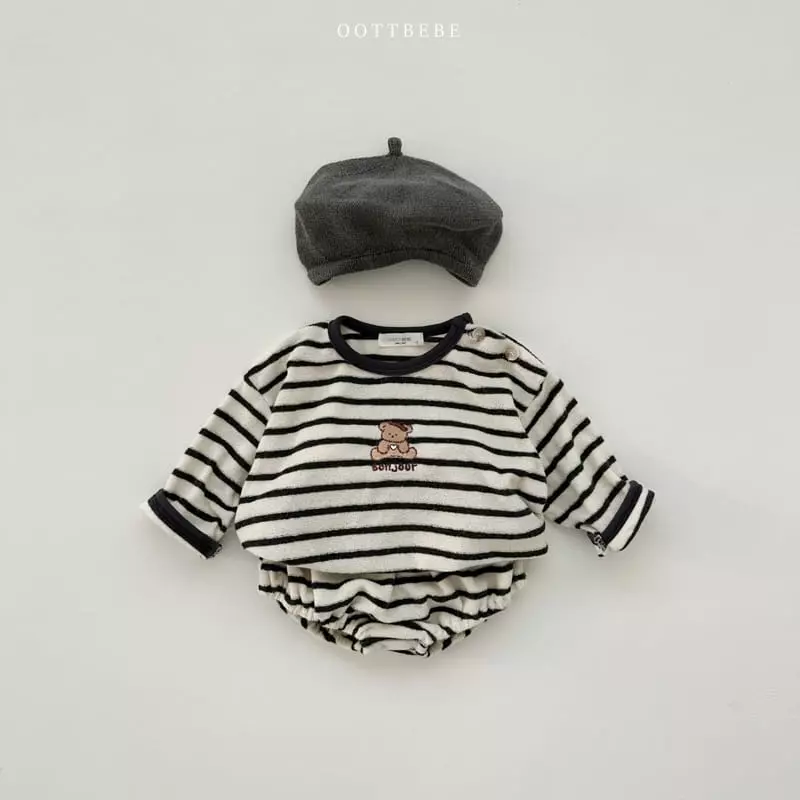 Oott Bebe - Korean Baby Fashion - #babyoninstagram - Terry Stripes Top Bottom Set - 6