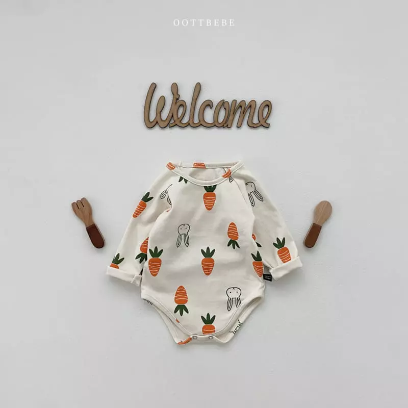 Oott Bebe - Korean Baby Fashion - #babyootd - Vegetable Bodysuit with Bonnet Log Sleeves - 11