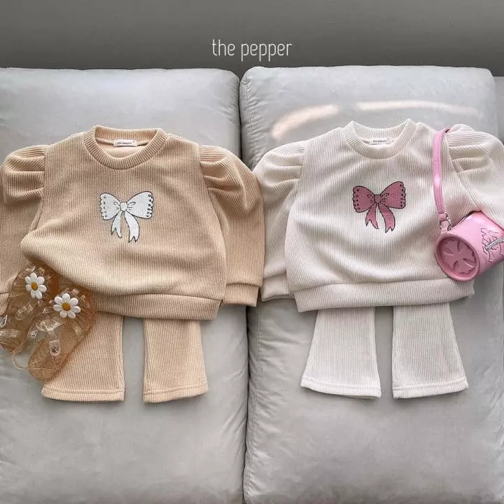 The Pepper - Korean Children Fashion - #fashionkids - Ribbon Puff Knit Top Bottom Set