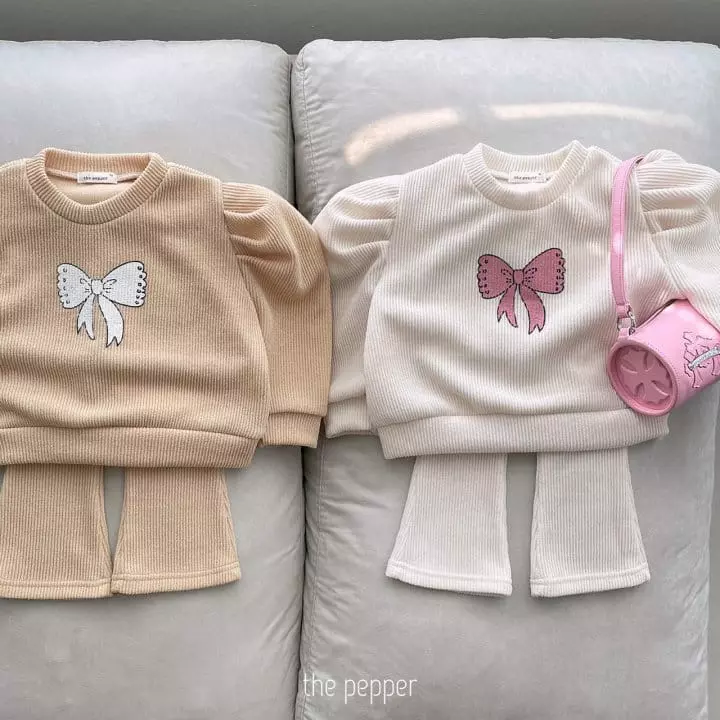 The Pepper - Korean Children Fashion - #kidsshorts - Ribbon Puff Knit Top Bottom Set - 2