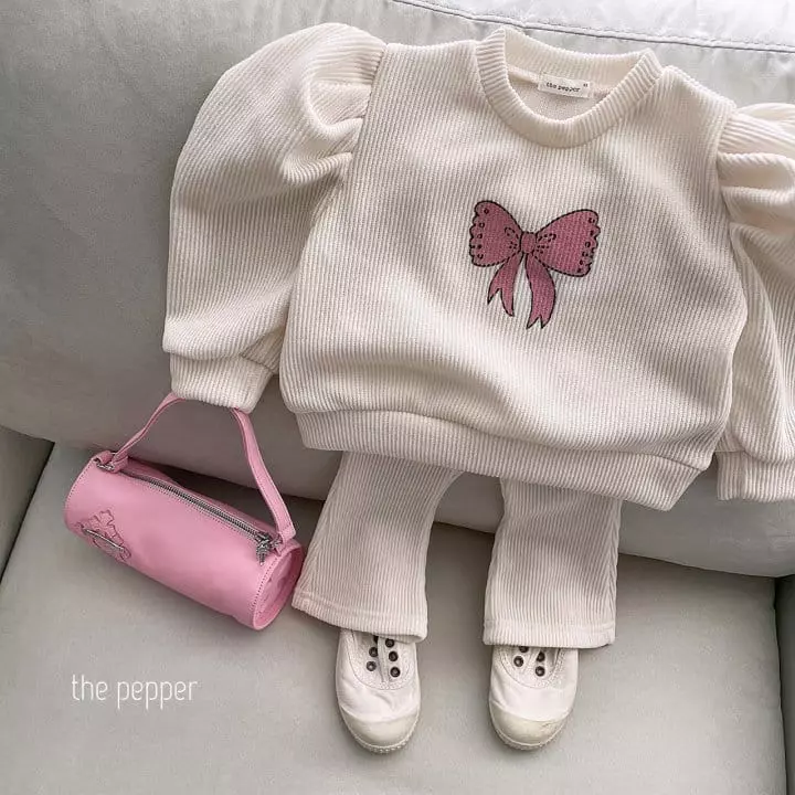 The Pepper - Korean Children Fashion - #kidsstore - Ribbon Puff Knit Top Bottom Set - 3