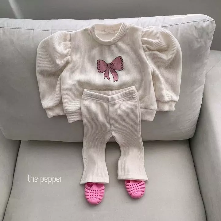The Pepper - Korean Children Fashion - #littlefashionista - Ribbon Puff Knit Top Bottom Set - 6