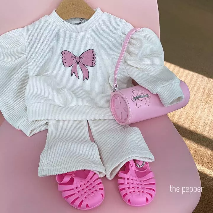 The Pepper - Korean Children Fashion - #minifashionista - Ribbon Puff Knit Top Bottom Set - 8