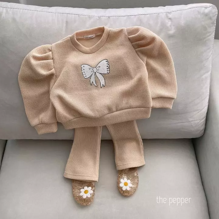 The Pepper - Korean Children Fashion - #stylishchildhood - Ribbon Puff Knit Top Bottom Set - 12