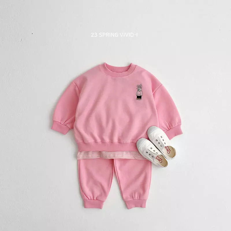 Vivid I - Korean Children Fashion - #kidsshorts - Rabbit Embroidery Top Bottom Set - 3