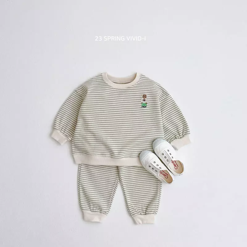 Vivid I - Korean Children Fashion - #kidzfashiontrend - Spring Bear Stripes Top Bottom Set - 2