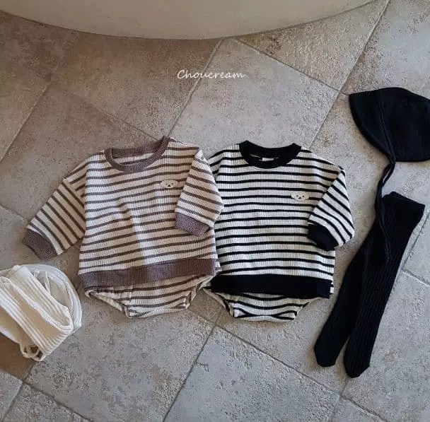 Choucream - Korean Baby Fashion - #babyboutique - Waffle Stripes Top Bottom Set