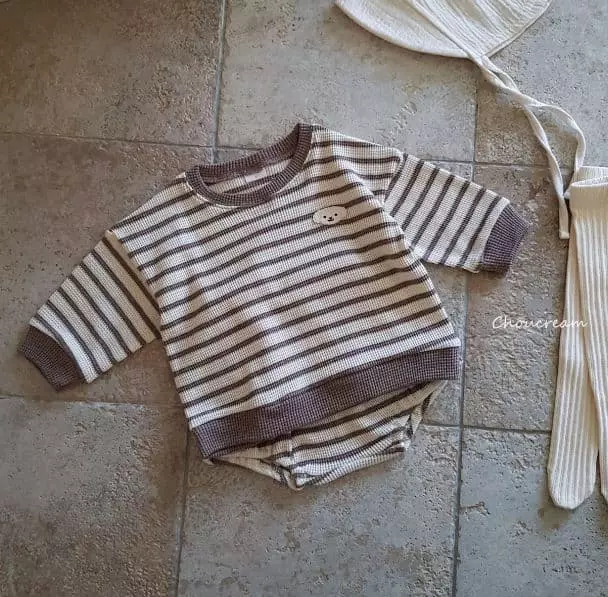 Choucream - Korean Baby Fashion - #babyclothing - Waffle Stripes Top Bottom Set - 3