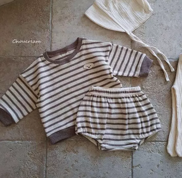 Choucream - Korean Baby Fashion - #babygirlfashion - Waffle Stripes Top Bottom Set - 6