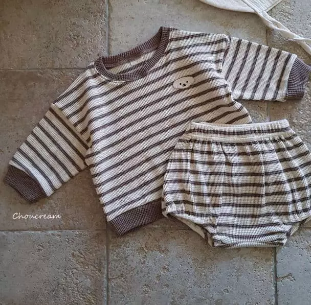 Choucream - Korean Baby Fashion - #babyoninstagram - Waffle Stripes Top Bottom Set - 8