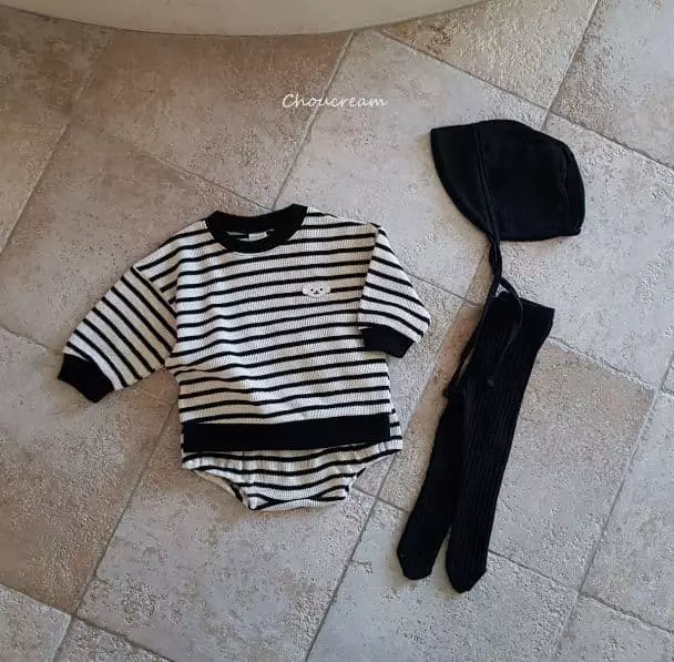 Choucream - Korean Baby Fashion - #babyoutfit - Waffle Stripes Top Bottom Set - 11