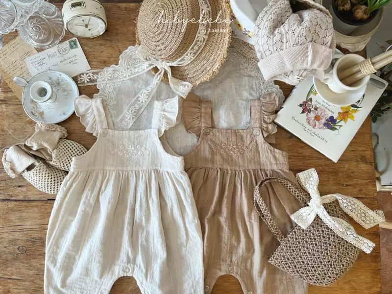 Hi Byebebe - Korean Baby Fashion - #babyfever - Shoulder Frill Embroidery Dungarees - 6