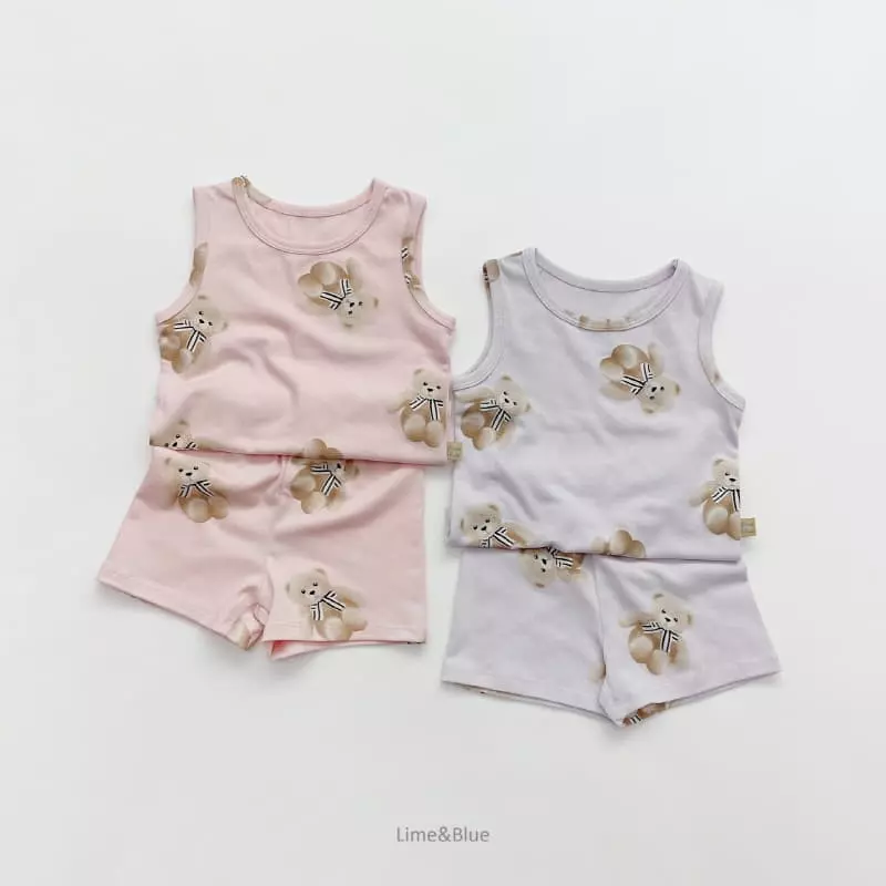 Lime & Blue - Korean Children Fashion - #kidsshorts - Teddy Bear Sleeveless Easywear - 2