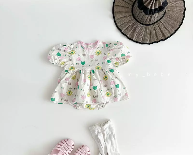 My Bebe - Korean Baby Fashion - #onlinebabyshop - Baby Heart Flower One-piece Bodysuit - 4