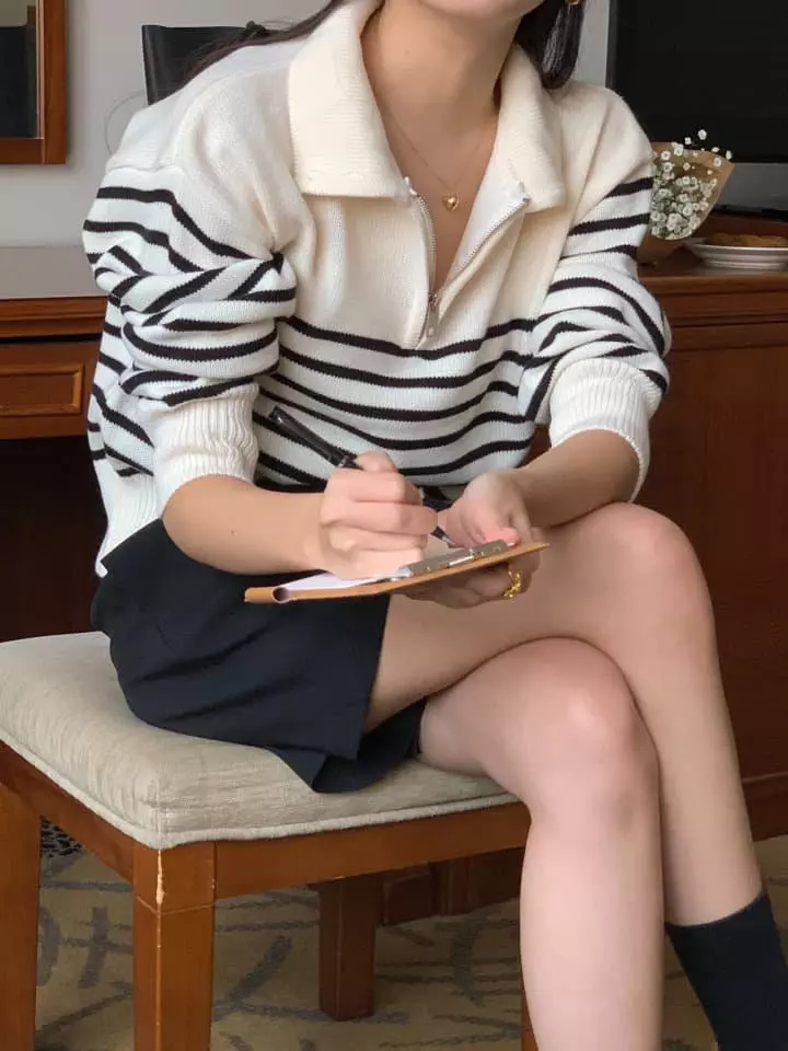 Osense - Korean Women Fashion - #momslook - Candle Short Zip-up Knit Tee - 12