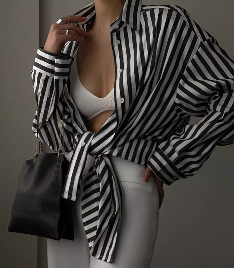 Paper Moon - Korean Women Fashion - #momslook - Stripes Pattern Oversize Down Shirt - 8