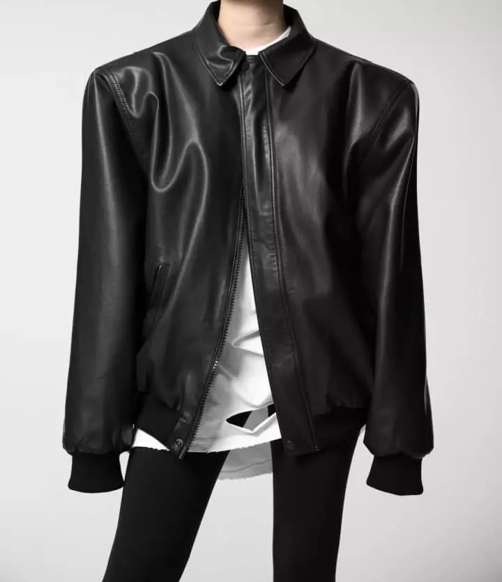 Paper Moon - Korean Women Fashion - #momslook - Washed Began Leather Shoulder Padded Bomber Jacket - 3