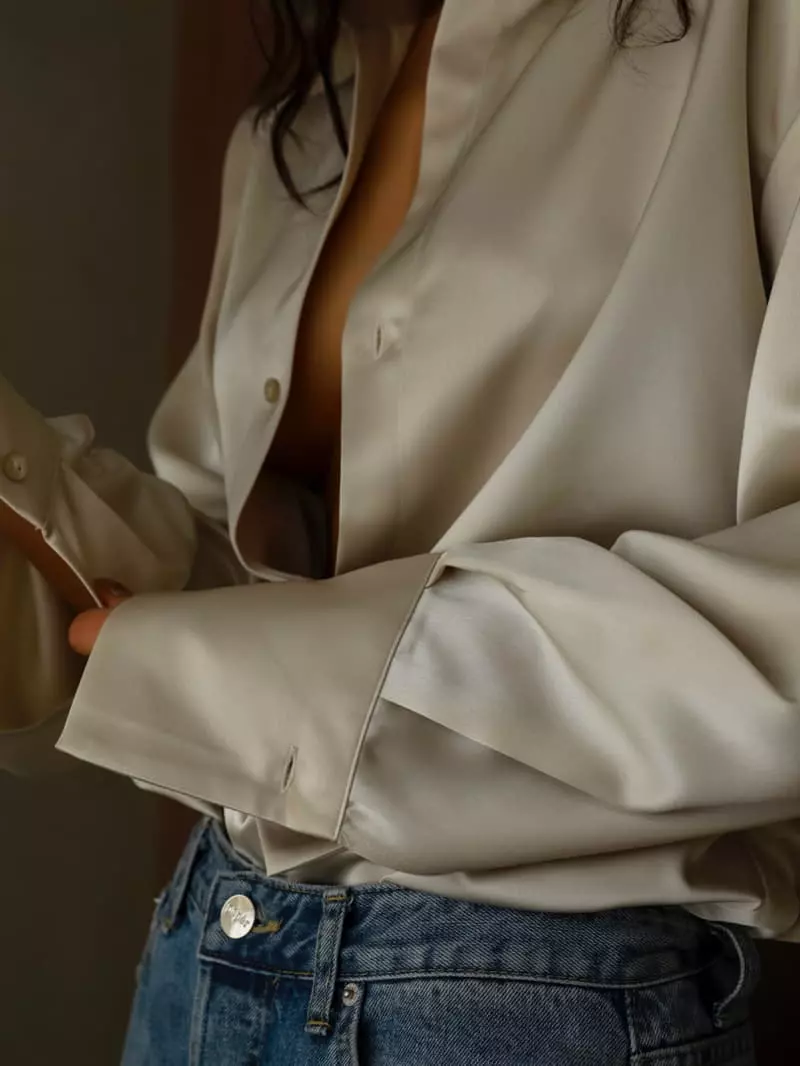 Paper Moon - Korean Women Fashion - #momslook - Silky Wrap Unbalaced Blouse - 7