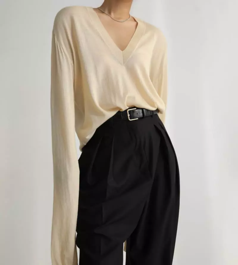 Paper Moon - Korean Women Fashion - #momslook - Wool Silk Deep V Neck Long Sleeved Knit Tee