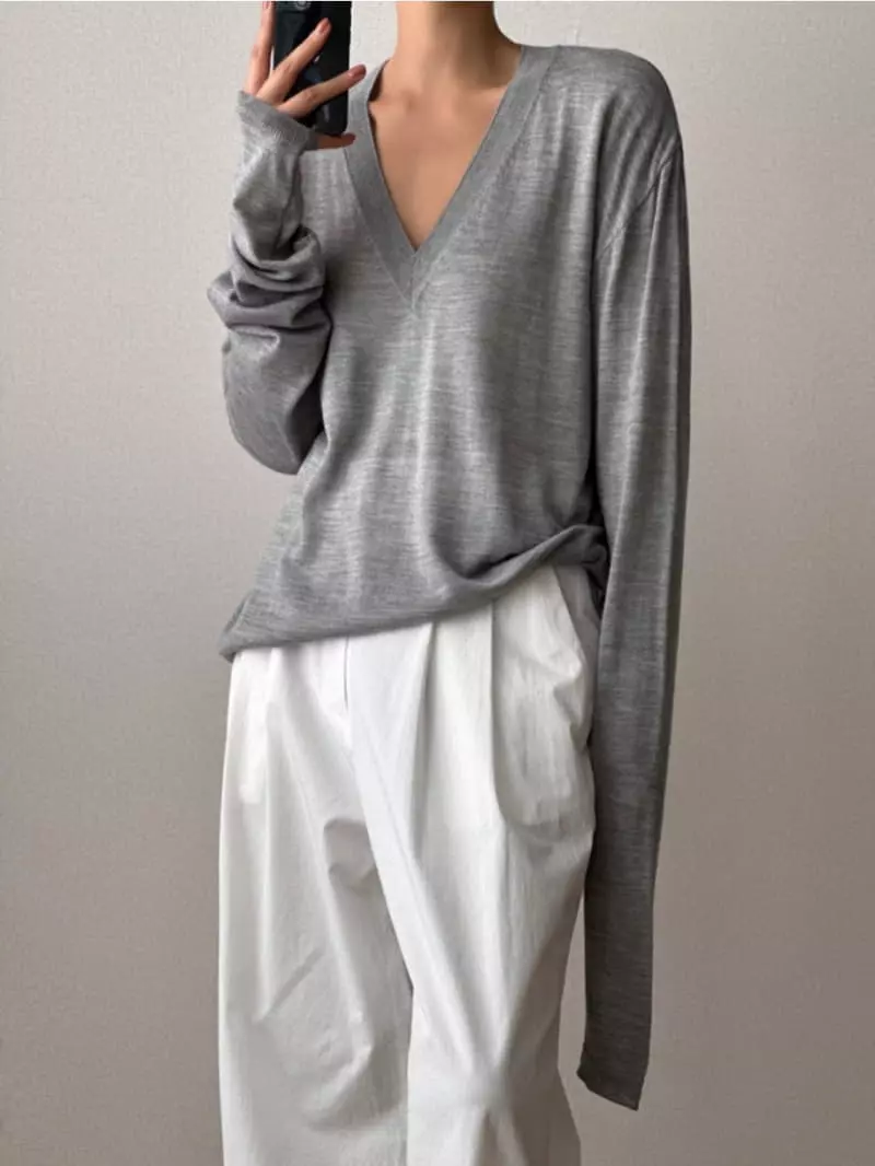 Paper Moon - Korean Women Fashion - #momslook - Wool Silk Deep V Neck Long Sleeved Knit Tee - 5