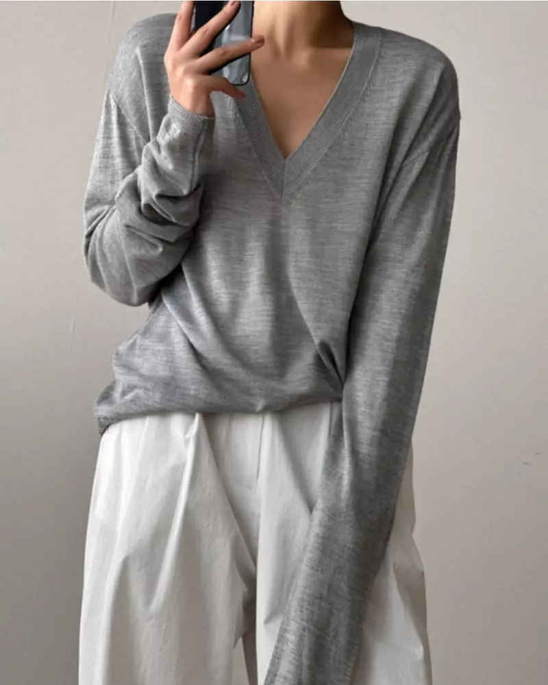 Paper Moon - Korean Women Fashion - #momslook - Wool Silk Deep V Neck Long Sleeved Knit Tee - 6