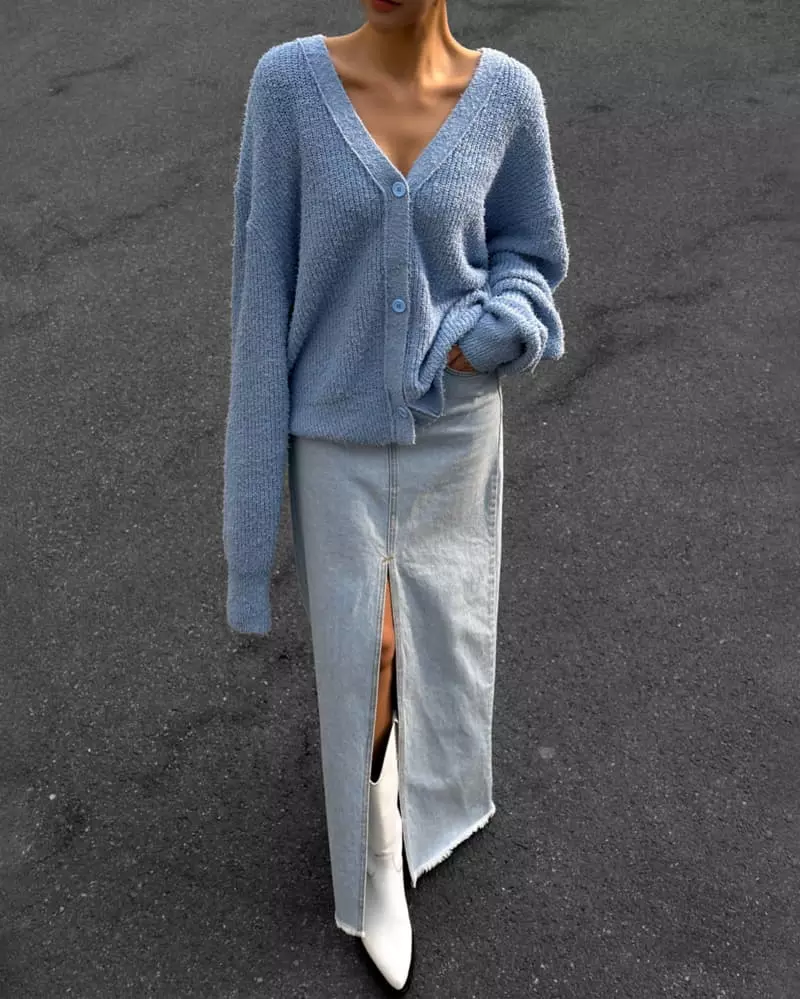 Paper Moon - Korean Women Fashion - #momslook - iced blue maxi front slit flared denim skirt