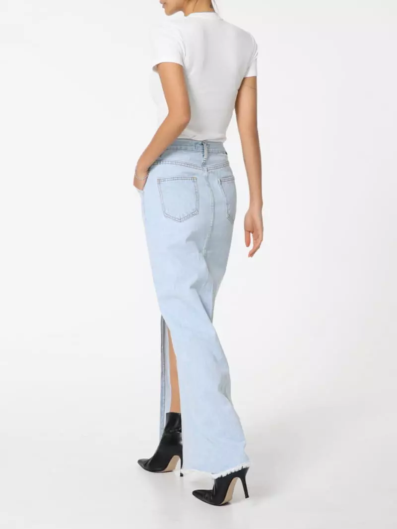 Paper Moon - Korean Women Fashion - #momslook - iced blue maxi front slit flared denim skirt - 11