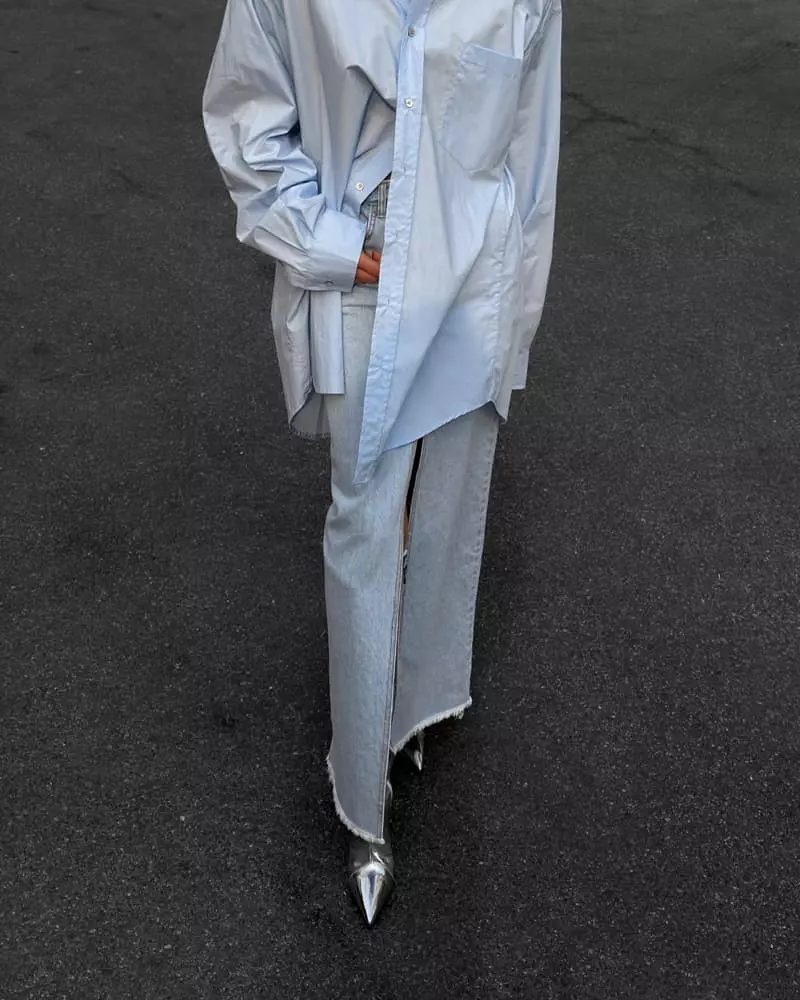 Paper Moon - Korean Women Fashion - #momslook - iced blue maxi front slit flared denim skirt - 5
