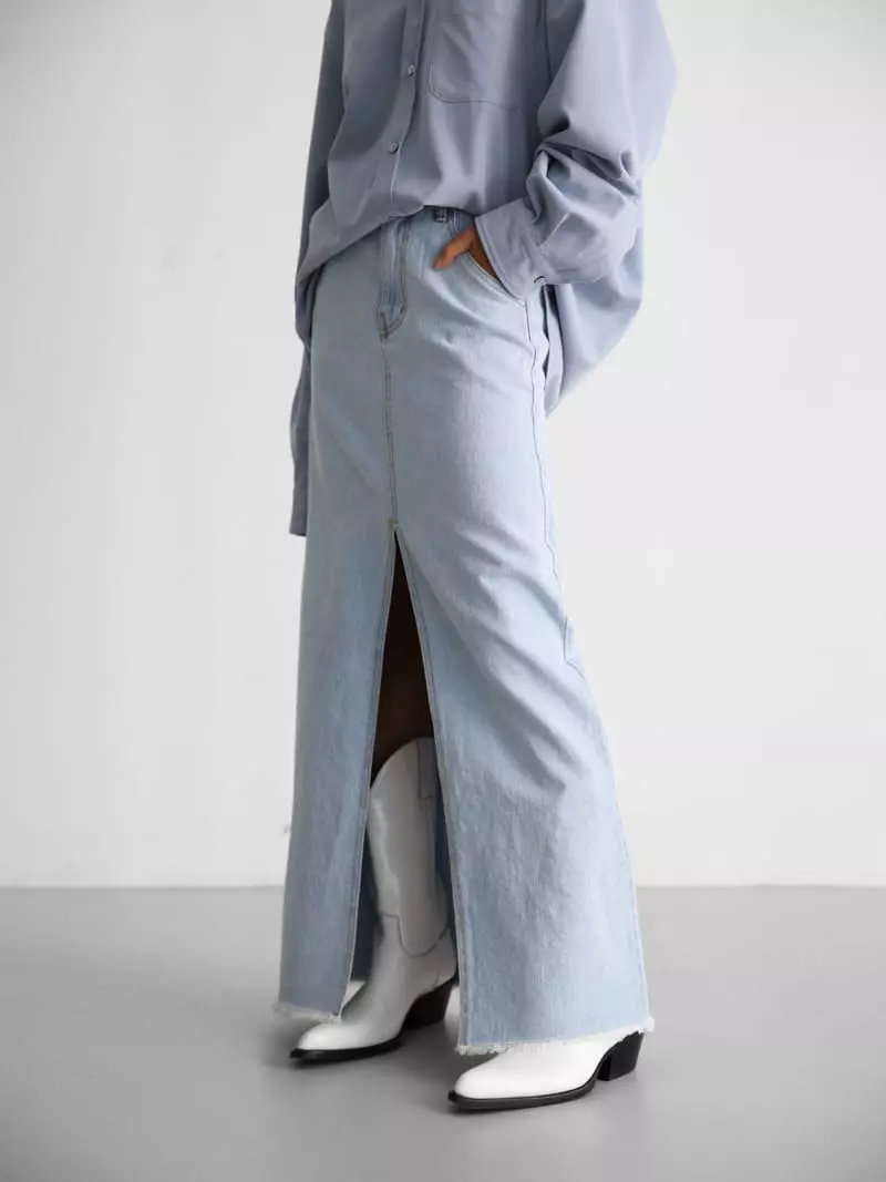 Paper Moon - Korean Women Fashion - #momslook - iced blue maxi front slit flared denim skirt - 9
